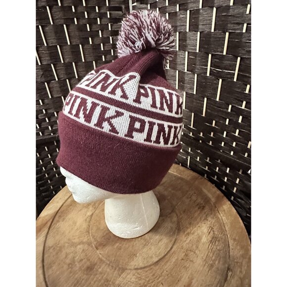 PINK Victoria's Secret Beanie Pom Pom Hat Knit Cap Burgundy & White One Size - Picture 2 of 6
